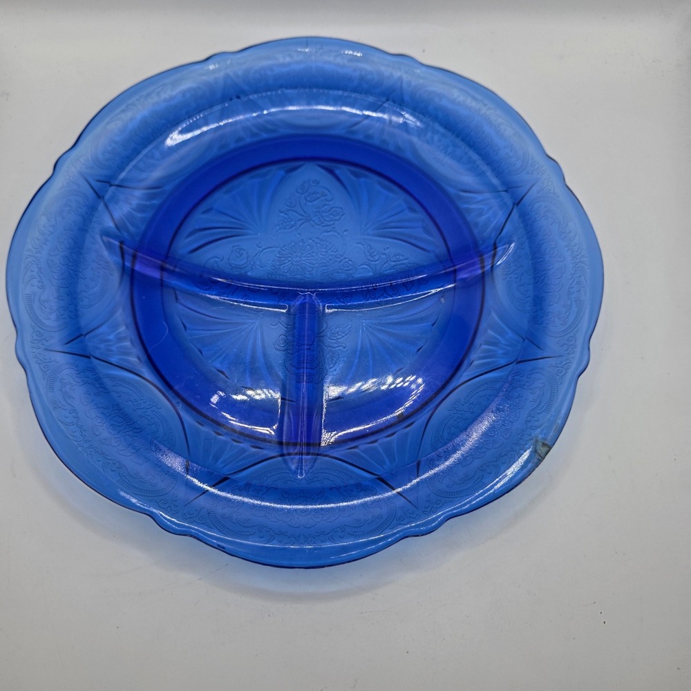Hazel Atlas Royal Lace Cobalt Blue Depression Glass 10" Grill Plate 1930s AS IS